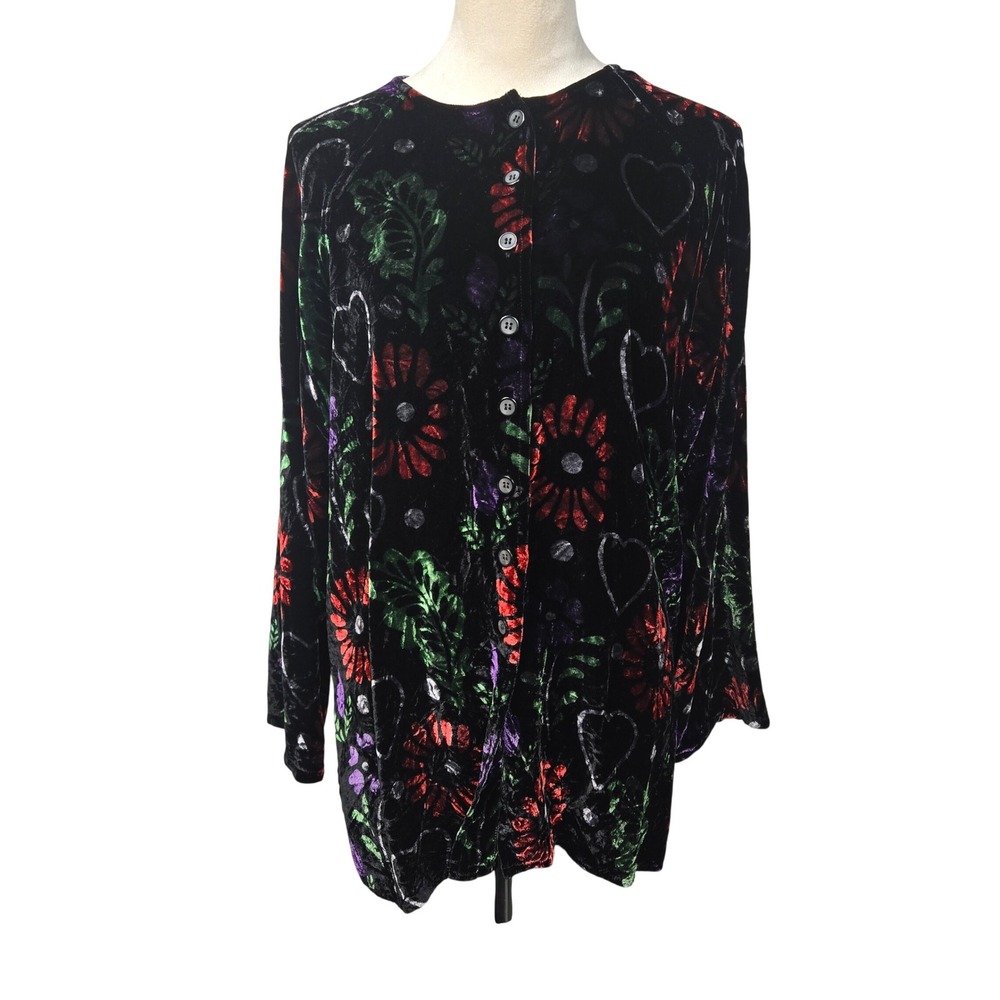 Vintage Monterey Bay Womens M Floral Heart Print Silk Blend Velvet Burnout Top